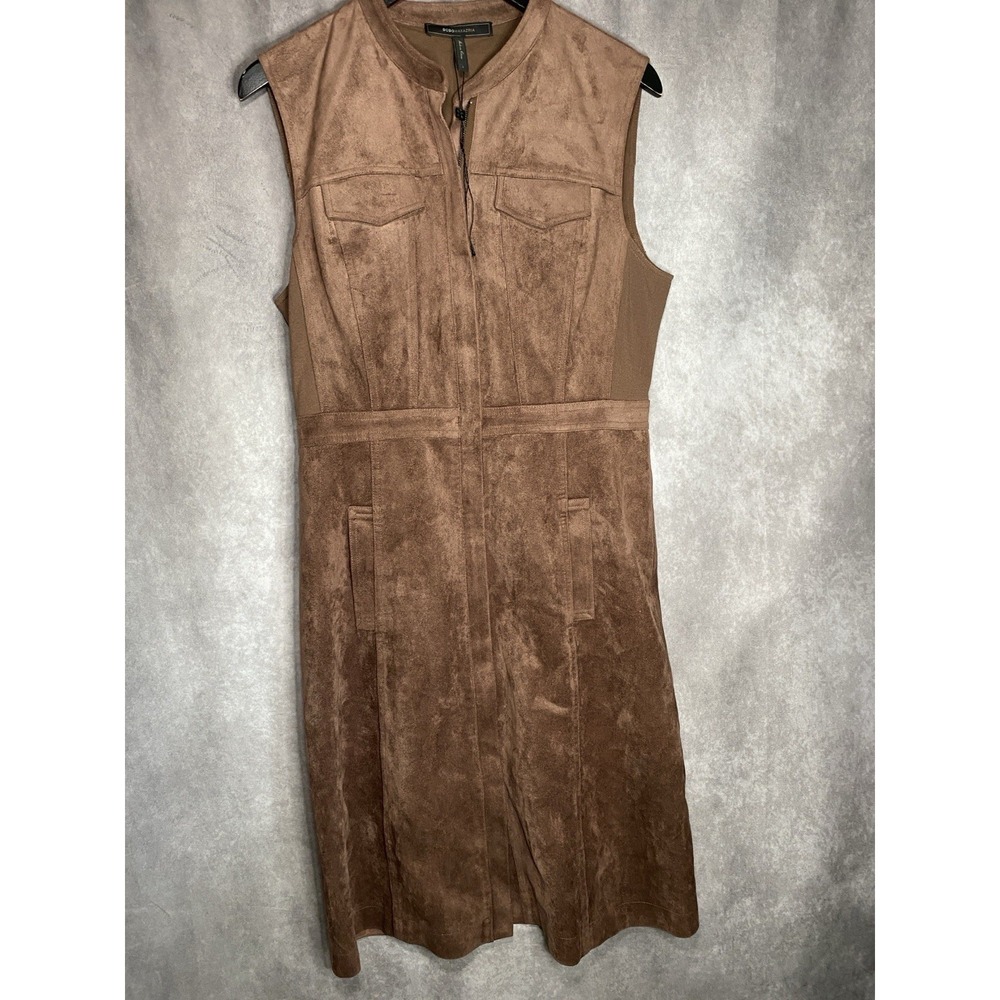 Boho Festival BCBG Mini Dress Zip Front Large Faux Suede Brown